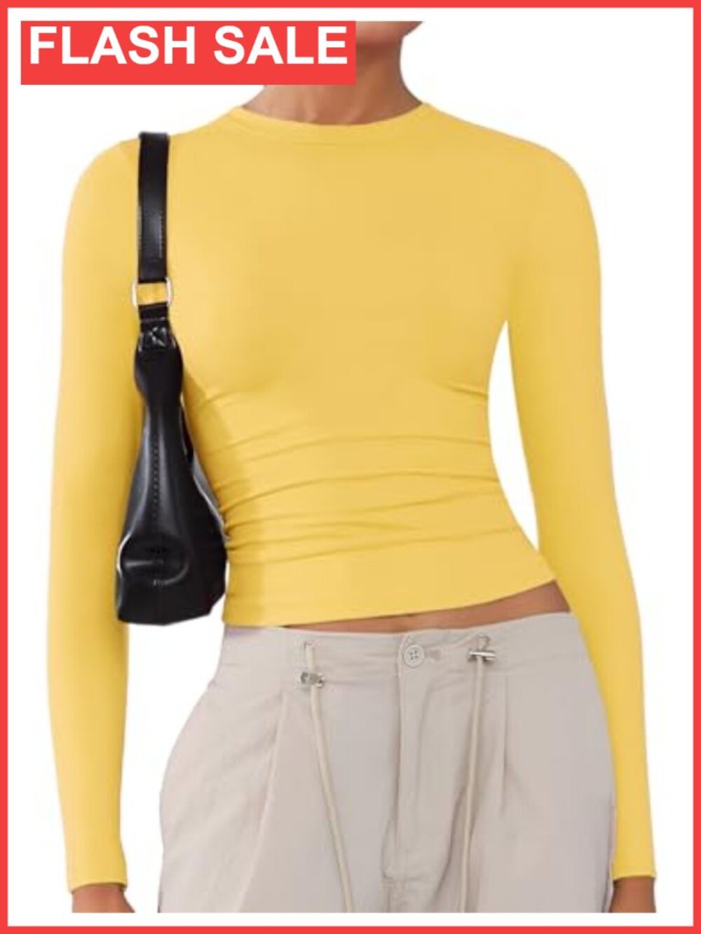 Women's Soft Long Sleeve Crew Neck Crop Top Tee Slim Fit Y2K Basic T-Shirt